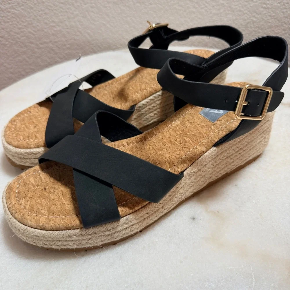 MIA Nikky Black Wedge Sandals Espadrille Platform Ankle Strap Womens Size 9 NEW